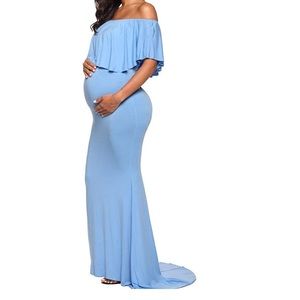 Ruffle Off Shoulder Baby Blue Maxi Maternity Dress